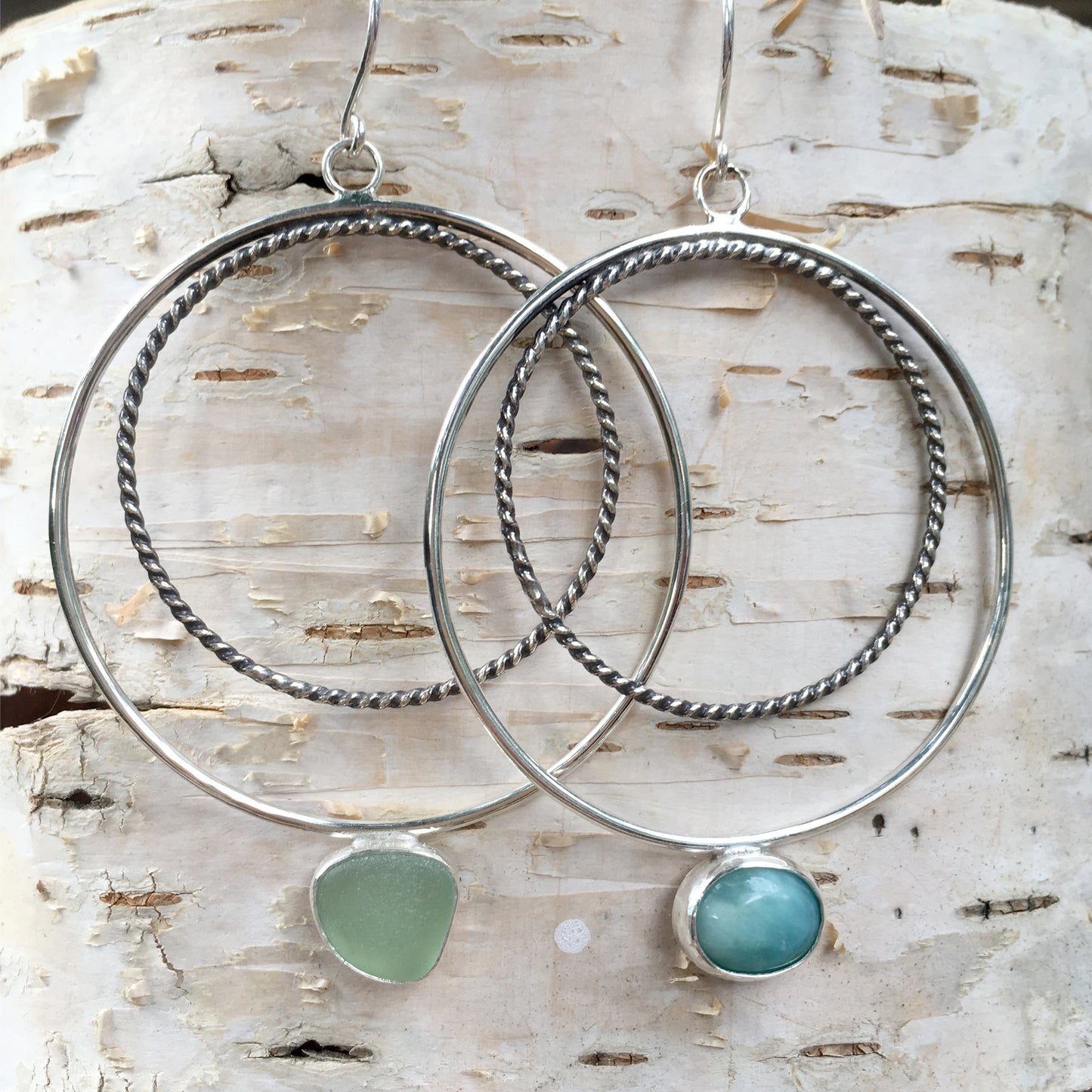 Wax and Wane Pendulum Hoops with Larimar and Sea Glass