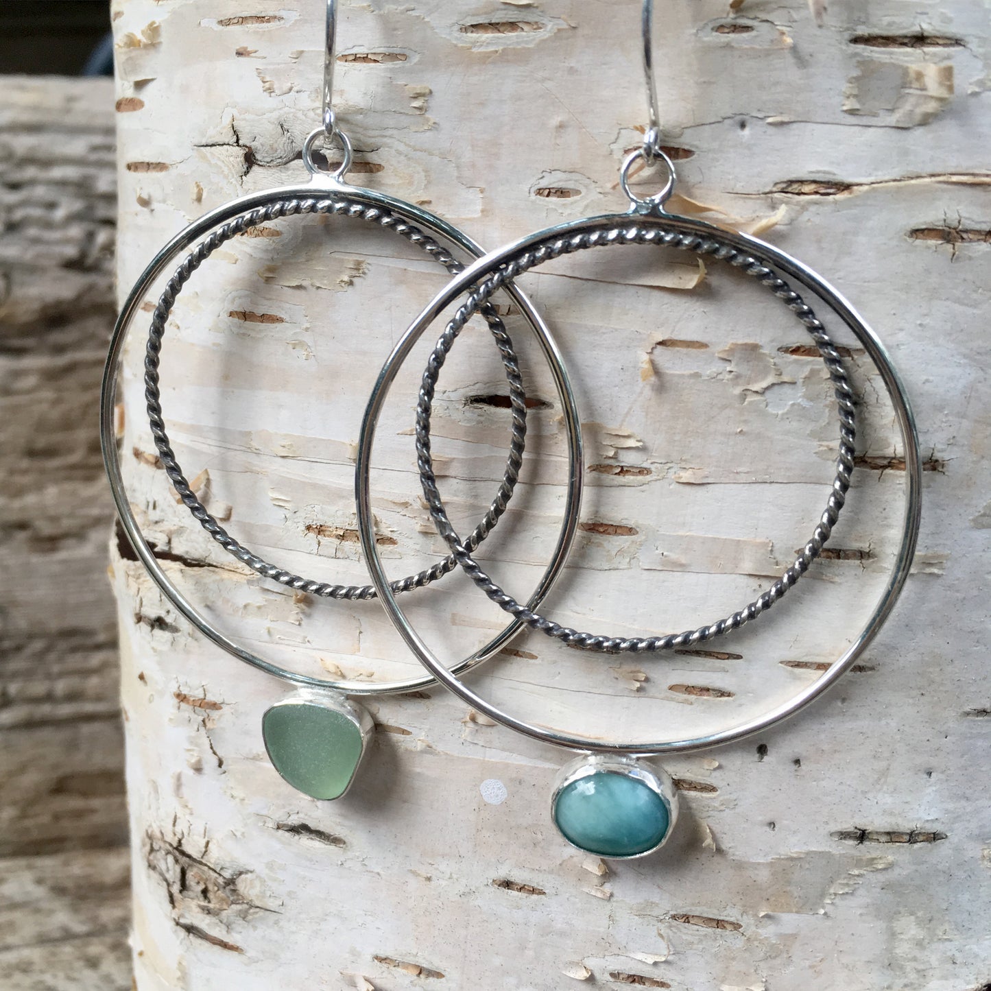 Wax and Wane Pendulum Hoops with Larimar and Sea Glass