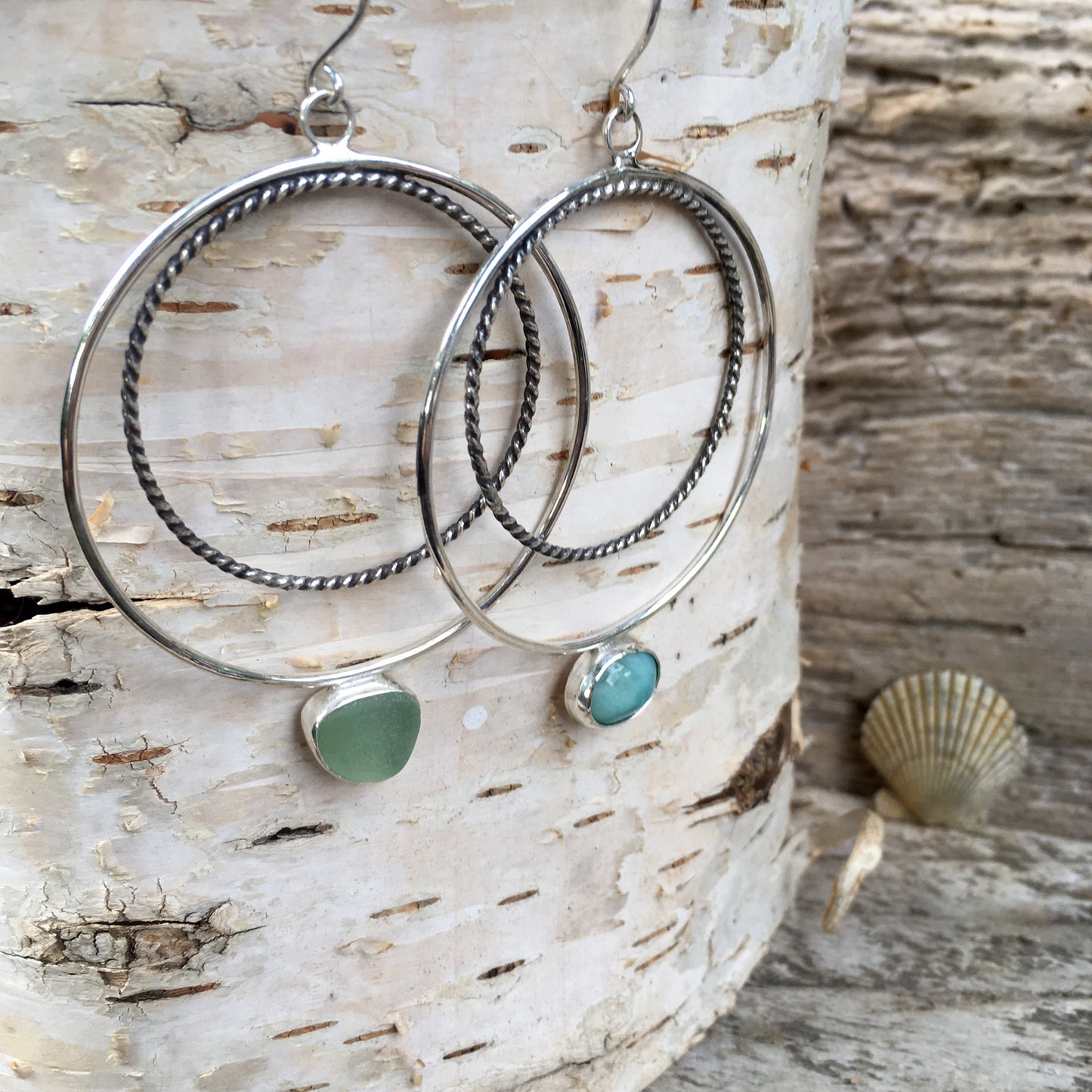 Wax and Wane Pendulum Hoops with Larimar and Sea Glass