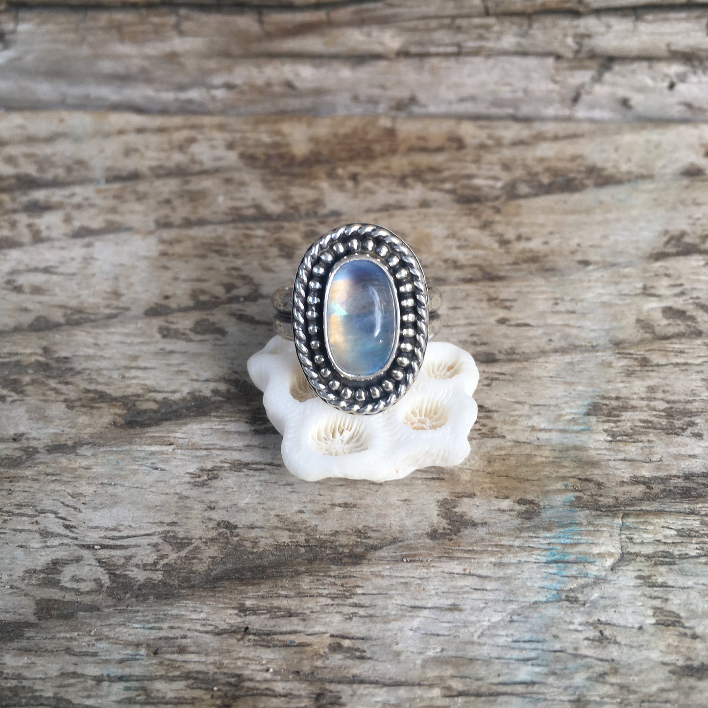 Rainbow Moonstone Shield Ring