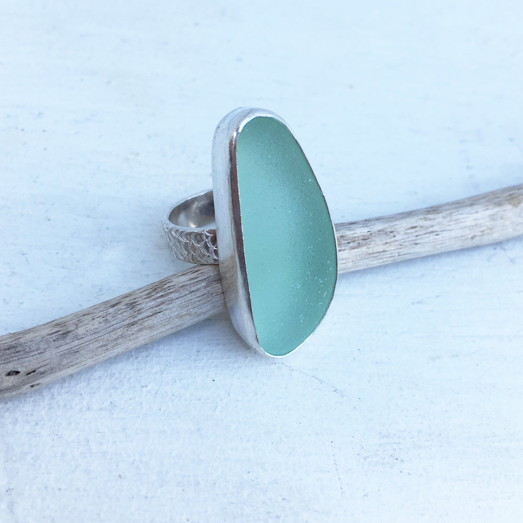Rare-Seafoam-Seaglass-and-Sterling-Silver-Ring-with-Textured-Band