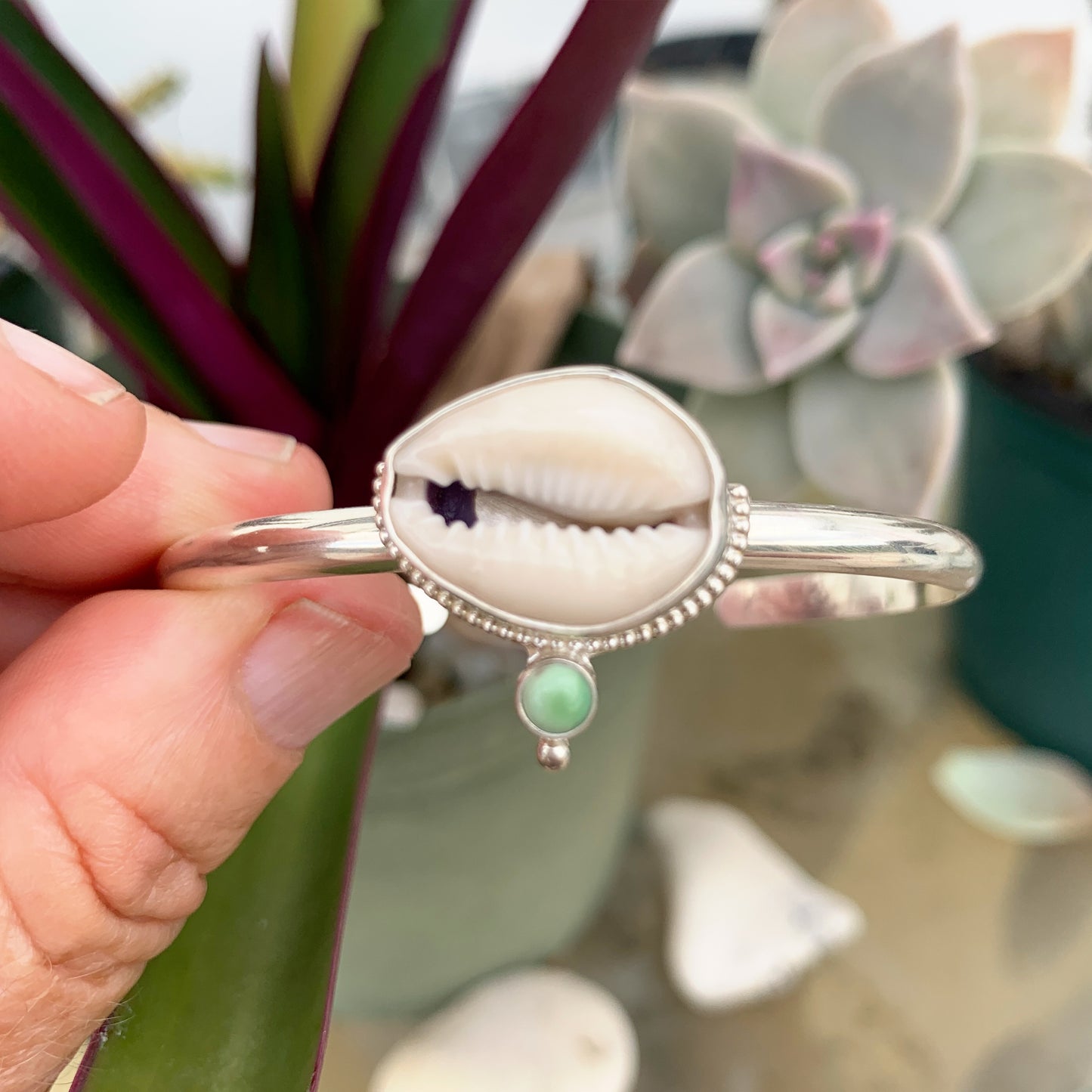 Cowry Seashell and Variscite Cuff