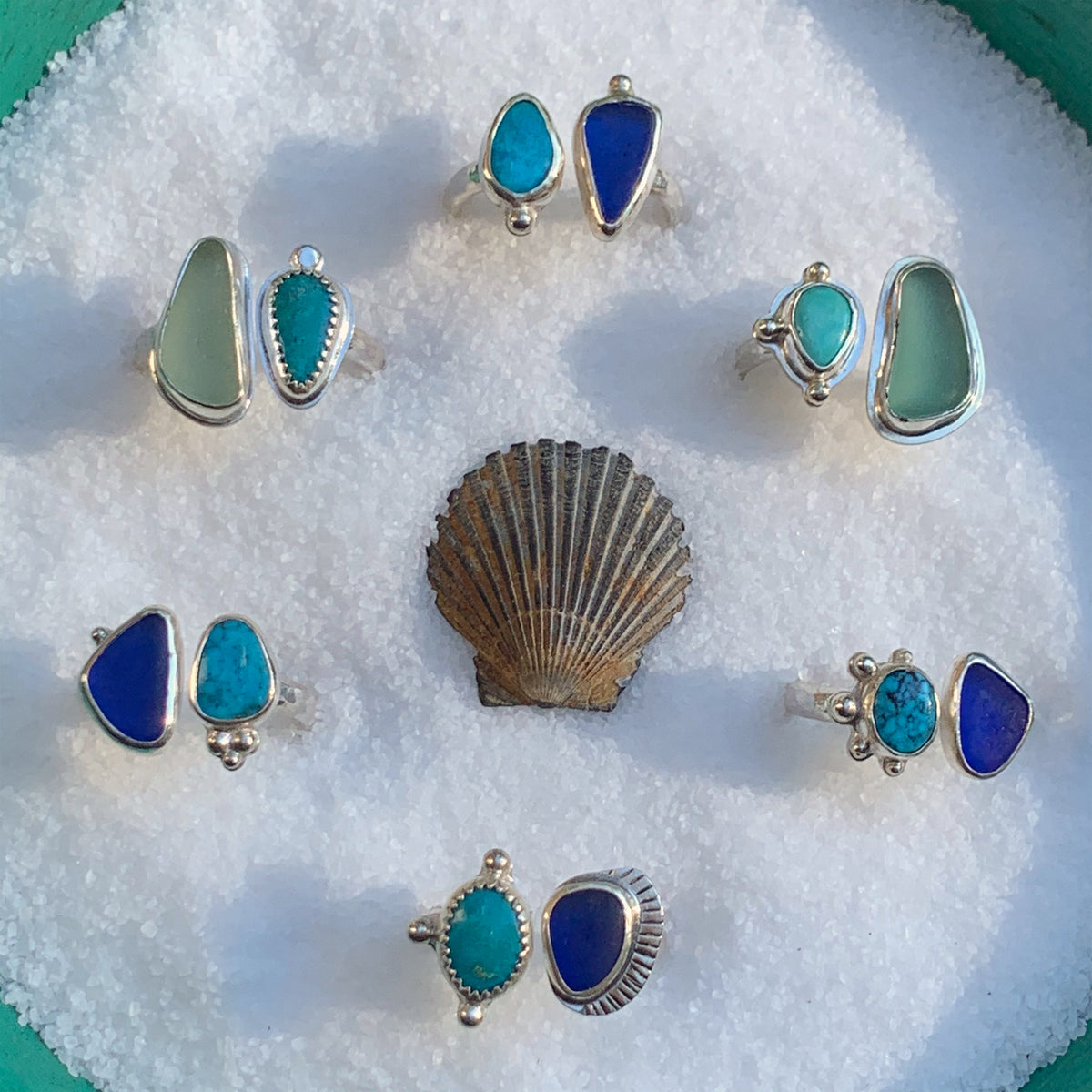 Two Treasures Ring with Turquoise and Seaglass • Size 8.5