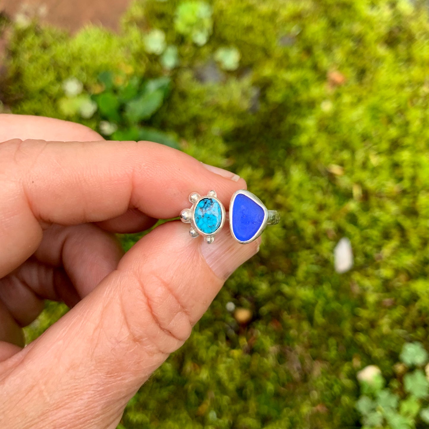 Two Treasures Ring with Turquoise and Seaglass • Size 6.5