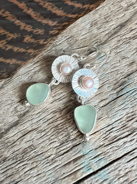 Beacon Earrings with Pearls + Seaglass Dangles