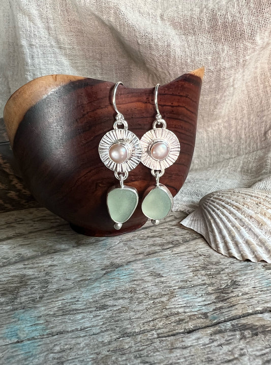Beacon Earrings with Pearls + Seaglass Dangles