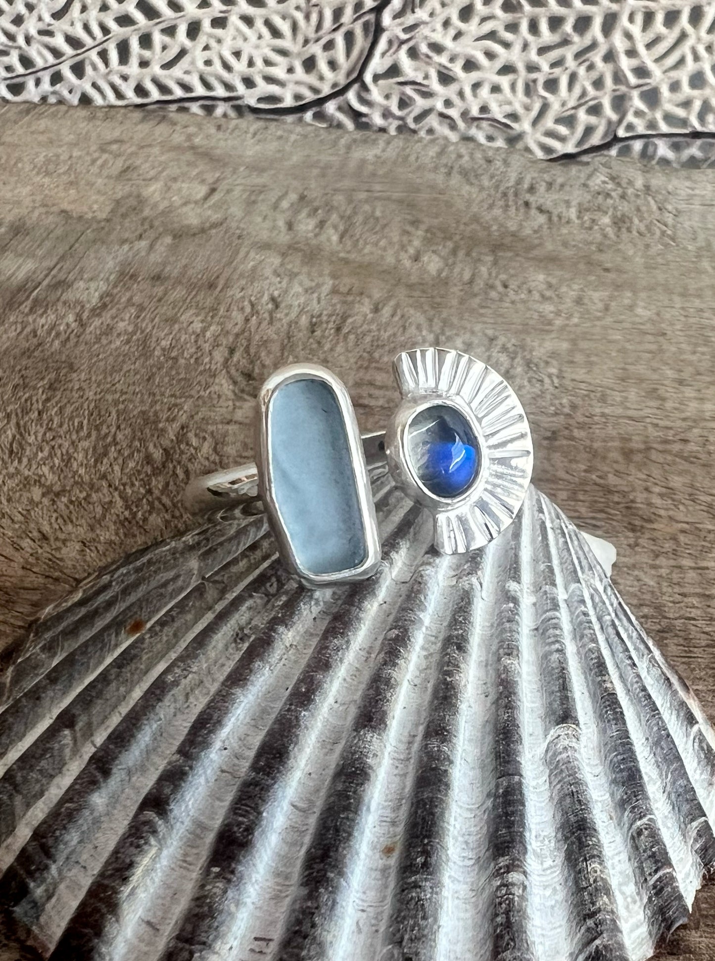 Dyad Ring with Cornflower Blue Seaglass + Moonstone  • Size 7.5-8