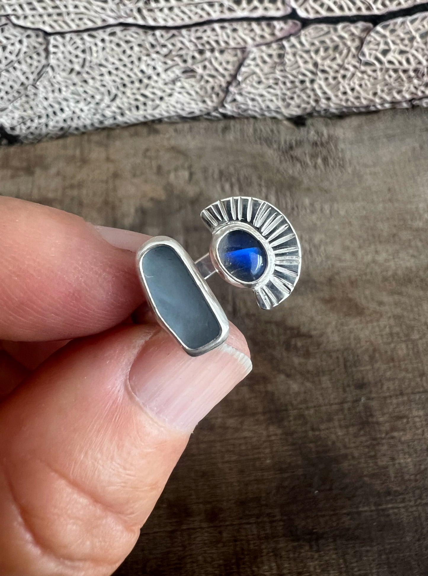 Dyad Ring with Cornflower Blue Seaglass + Moonstone  • Size 7.5-8
