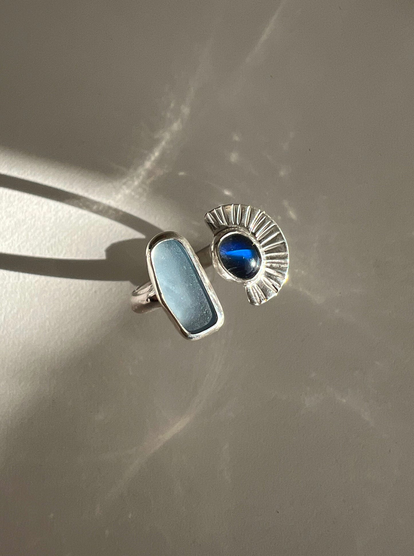 Dyad Ring with Cornflower Blue Seaglass + Moonstone  • Size 7.5-8