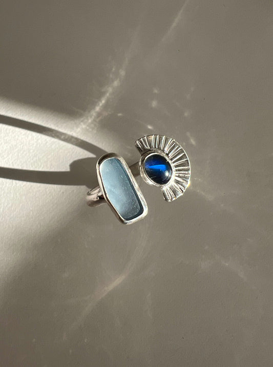 Dyad Ring with Cornflower Blue Seaglass + Moonstone  • Size 7.5-8