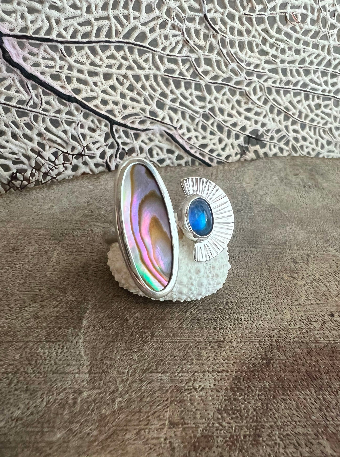 Dyad Ring with Abalone Shell + Moonstone • Size 7.5-8.25