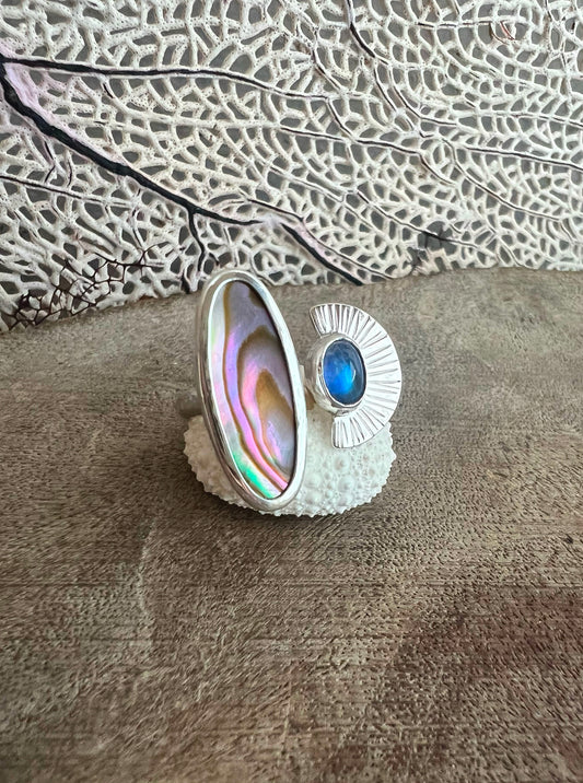 Dyad Ring with Abalone Shell + Moonstone • Size 7.5-8.25