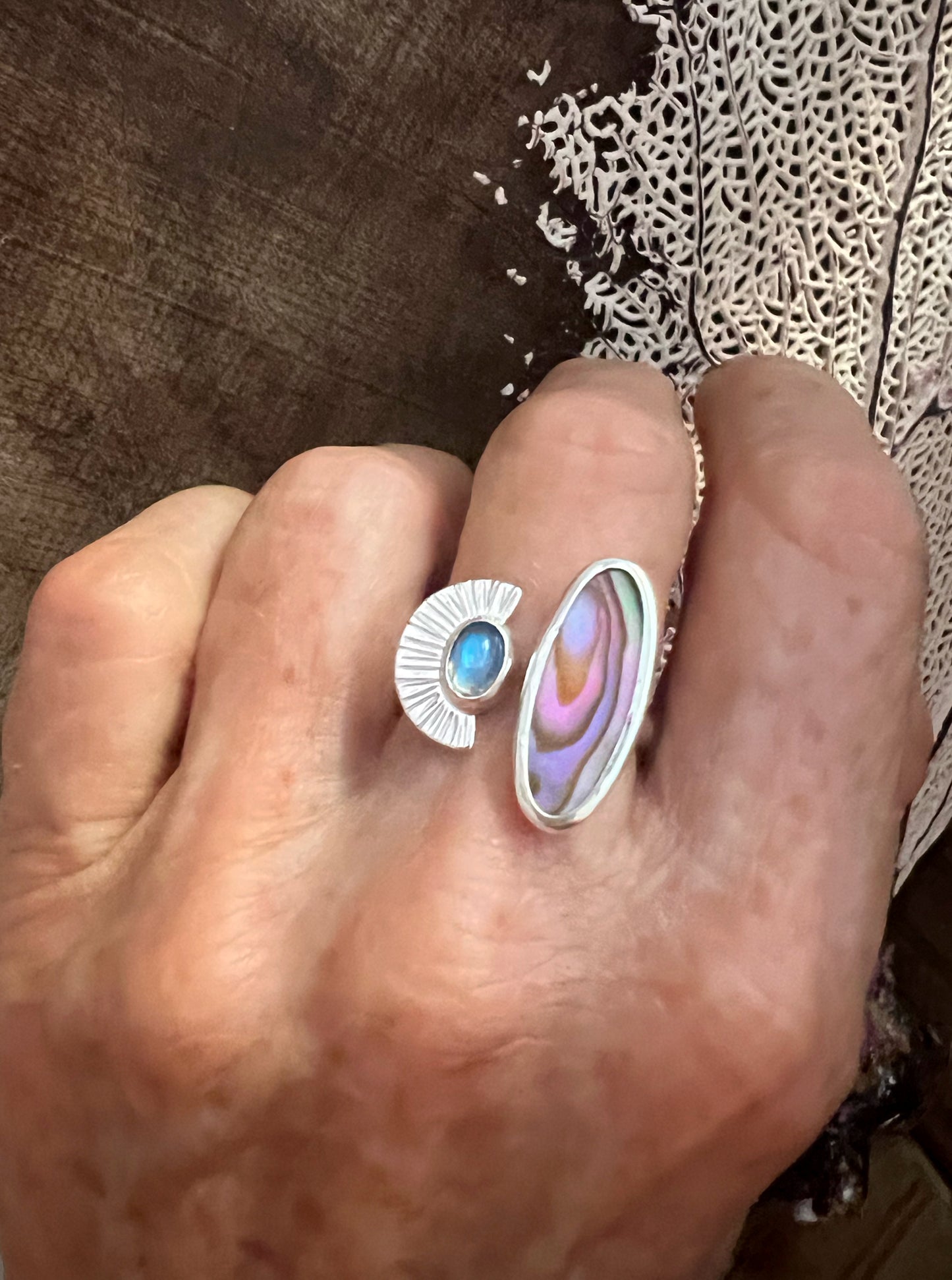 Dyad Ring with Abalone Shell + Moonstone • Size 7.5-8.25