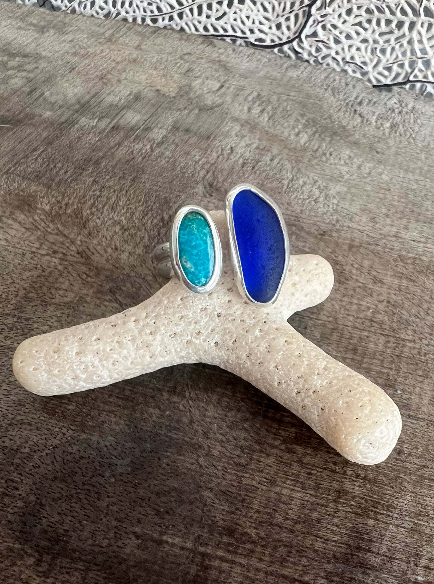 Dyad Ring with Rare Cobalt Blue Seaglass + Turquoise • Size 8.25-9
