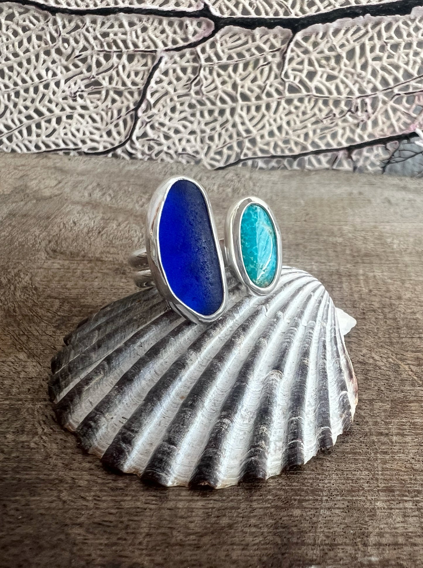 Dyad Ring with Rare Cobalt Blue Seaglass + Turquoise • Size 8.25-9