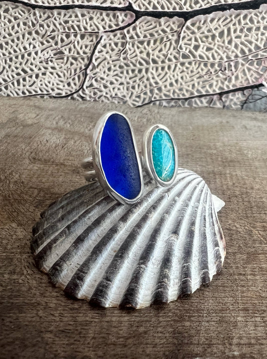 Dyad Ring with Rare Cobalt Blue Seaglass + Turquoise • Size 8.25-9