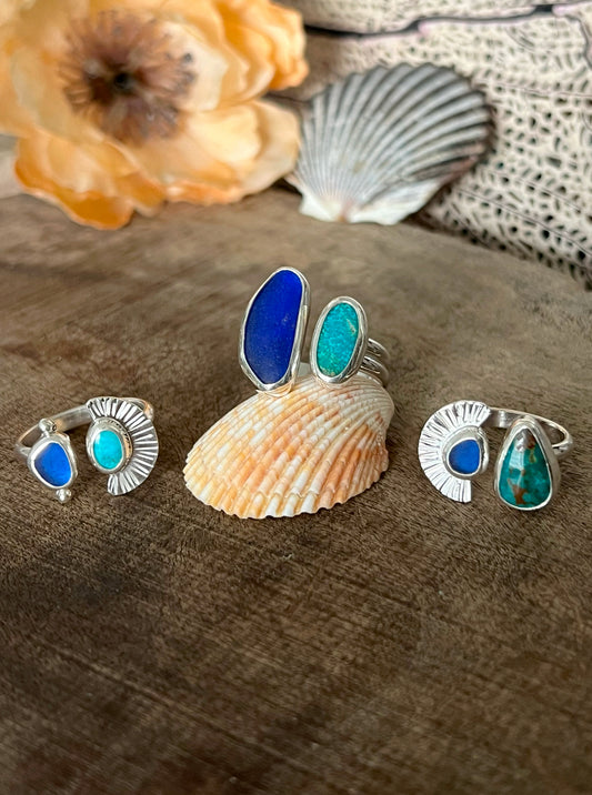 Dyad Ring with Rare Cobalt Blue Seaglass + Turquoise • Size 8.25-9