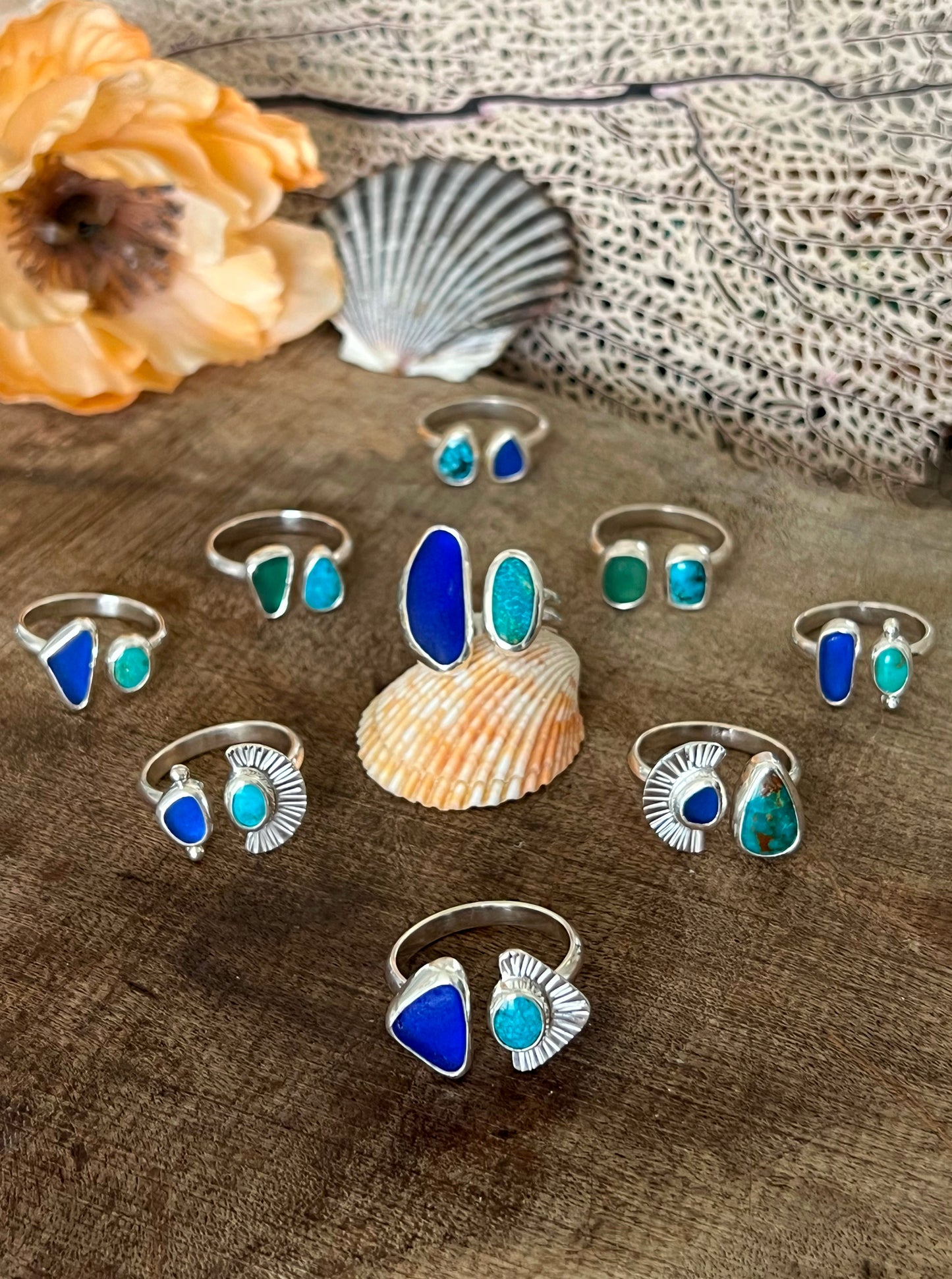 Dyad Ring with American Turquoise + Seaglass  • Size 7.5-8