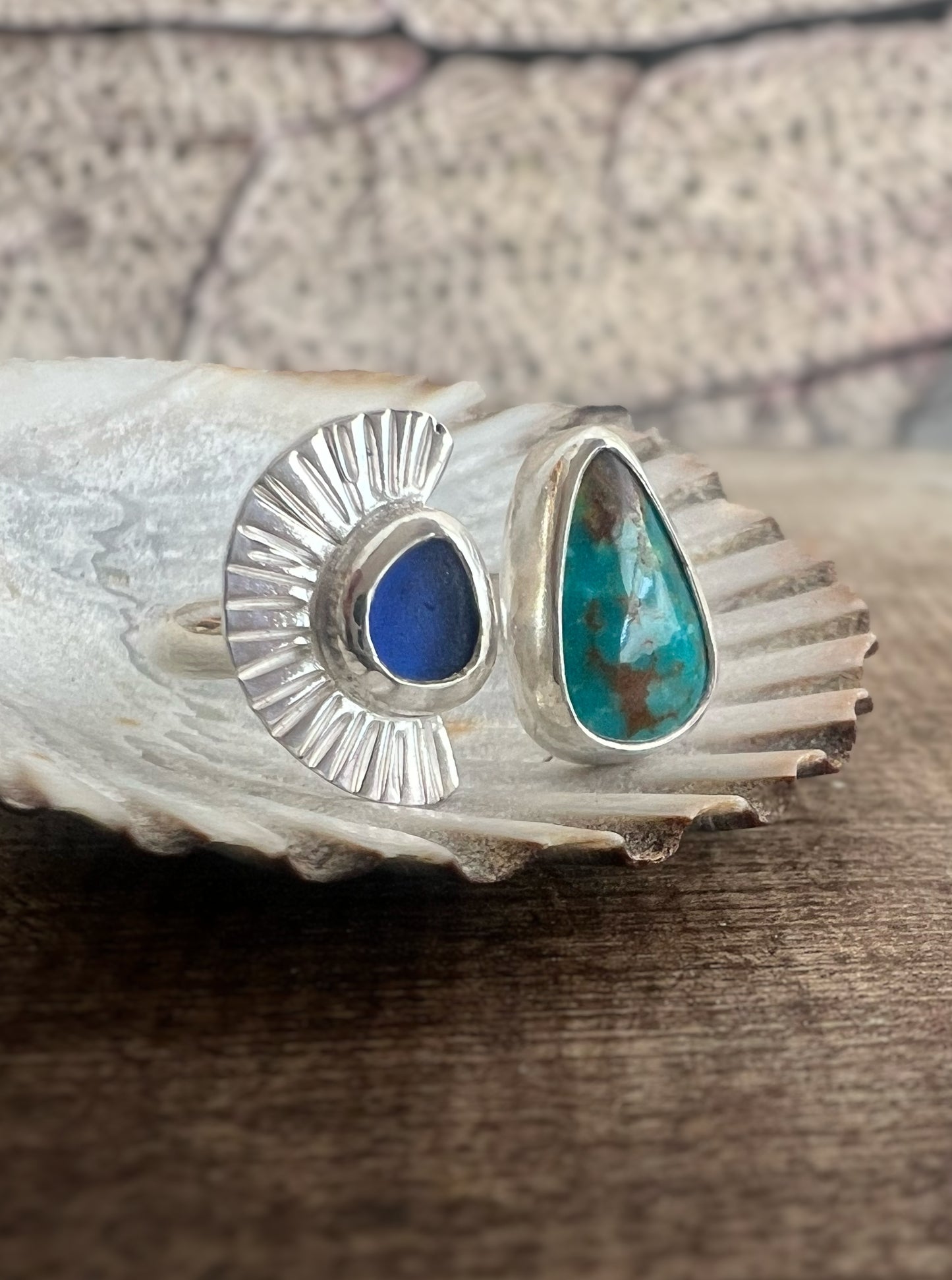 Dyad Ring with American Turquoise + Seaglass  • Size 7.5-8