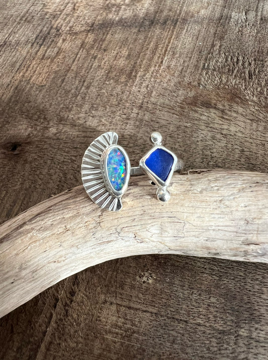 Dyad Ring with Australian Opal + Seaglass • Size 7.5-8