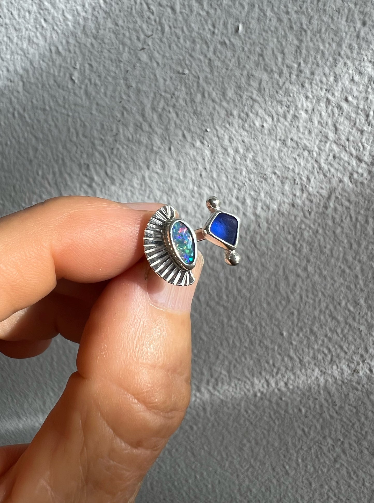 Dyad Ring with Australian Opal + Seaglass • Size 7.5-8