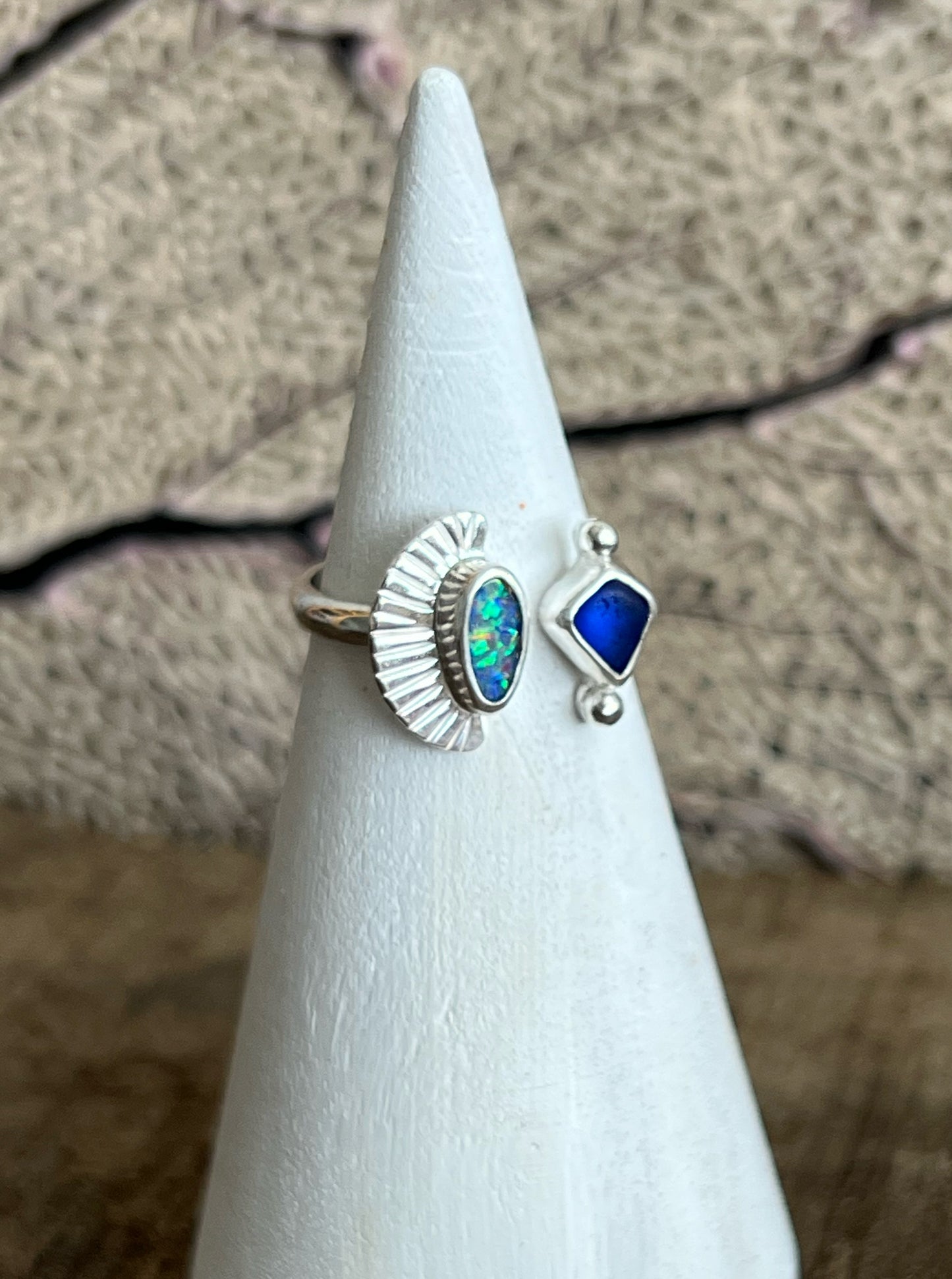 Dyad Ring with Australian Opal + Seaglass • Size 7.5-8