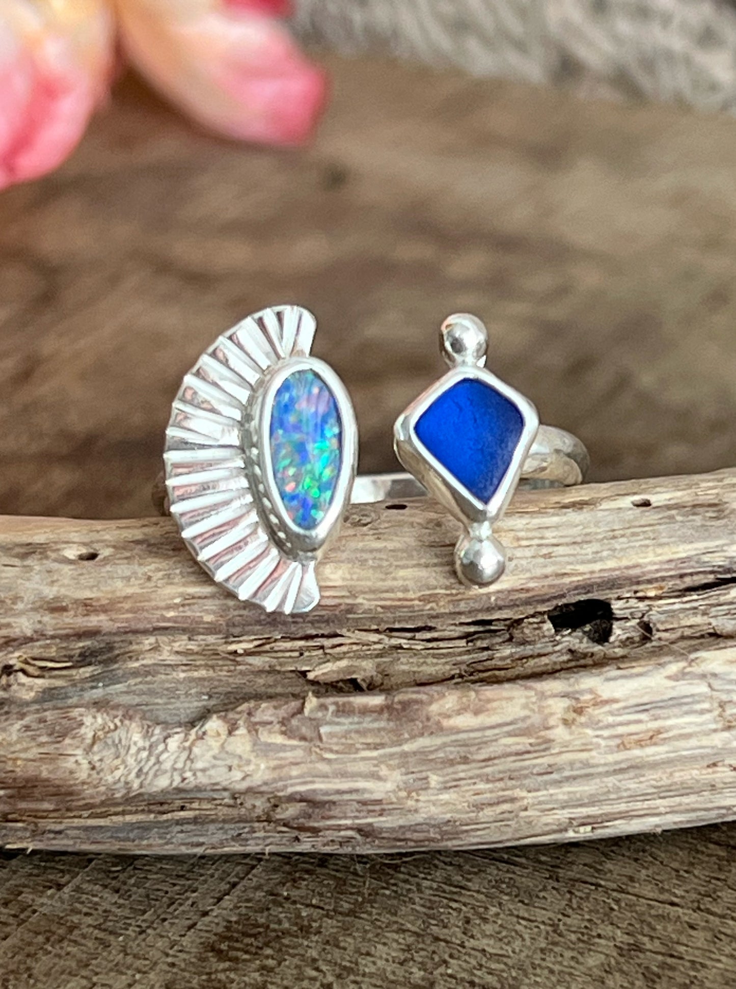 Dyad Ring with Australian Opal + Seaglass • Size 7.5-8