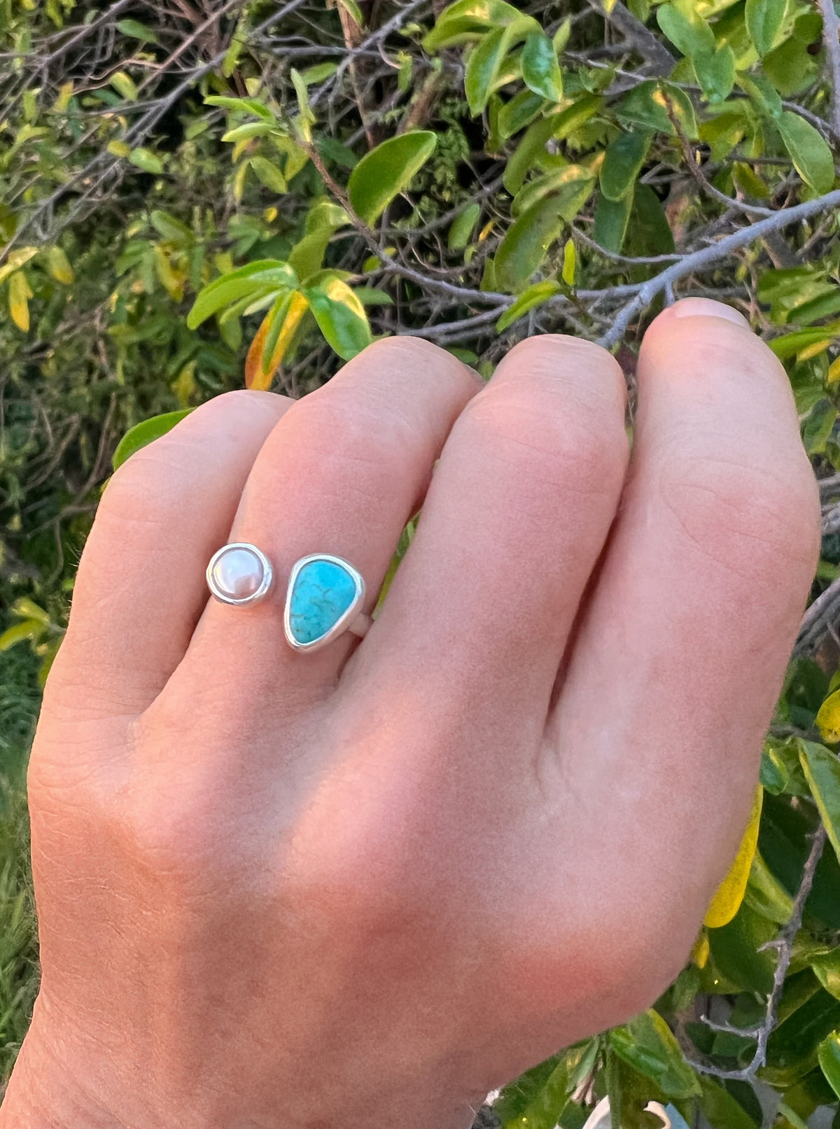 Dyad Ring with Natural Turquoise + Pearl • Size 6-6.5