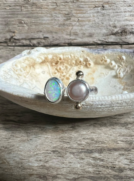 Dyad Ring with Australian Opal, Natural Pearl + 14k Gold Detail • Size 5.5-6.25