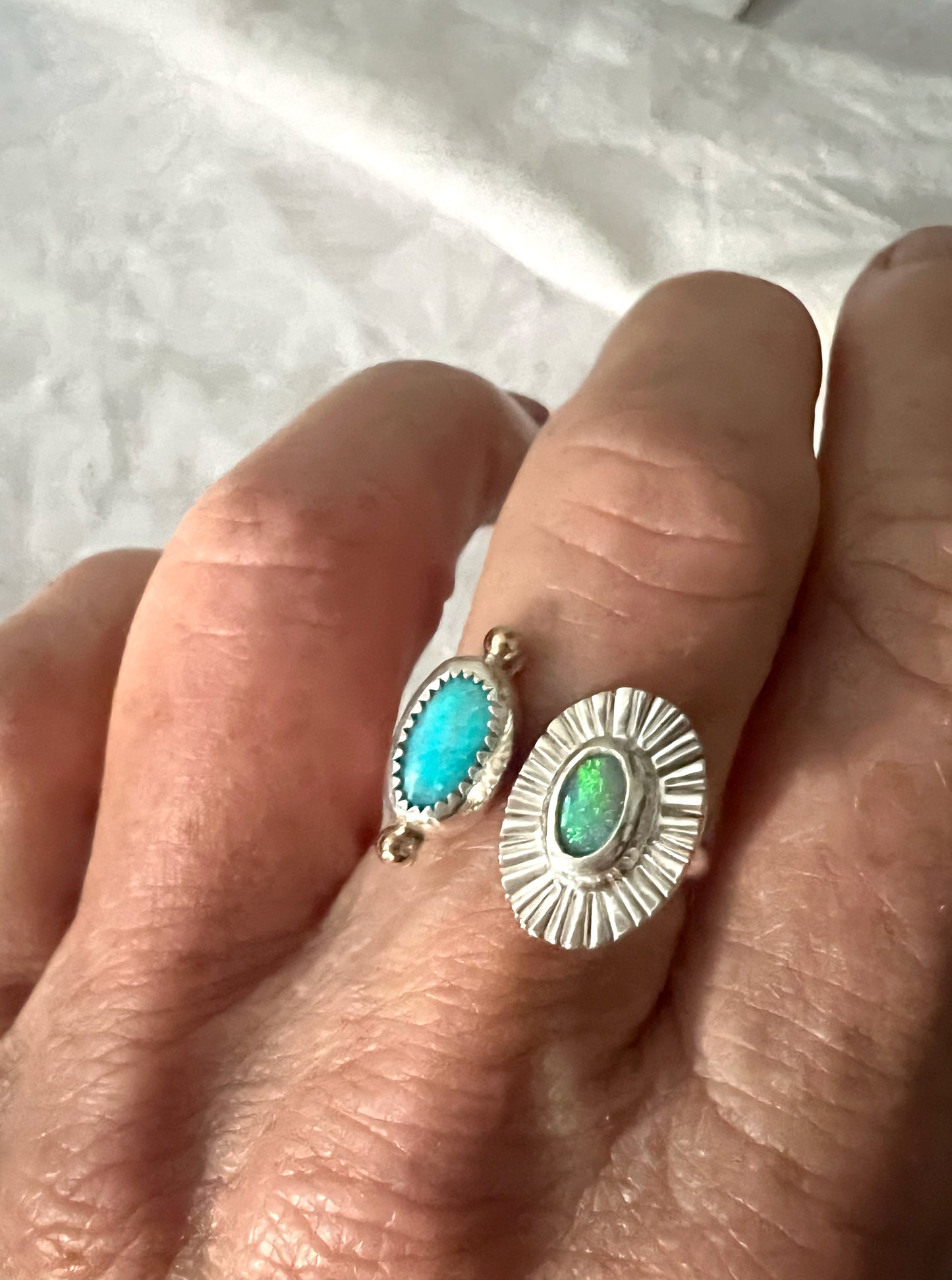 Dyad Ring with Australian Opal, Natural Turquoise + 14k Gold Detail • Size 7-7.75