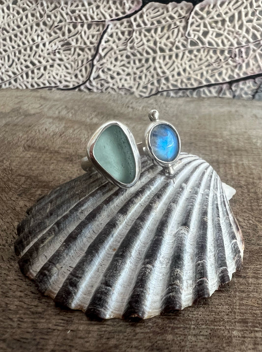 Dyad Ring with Seafoam Seaglass + Moonstone • Size 7-7.5