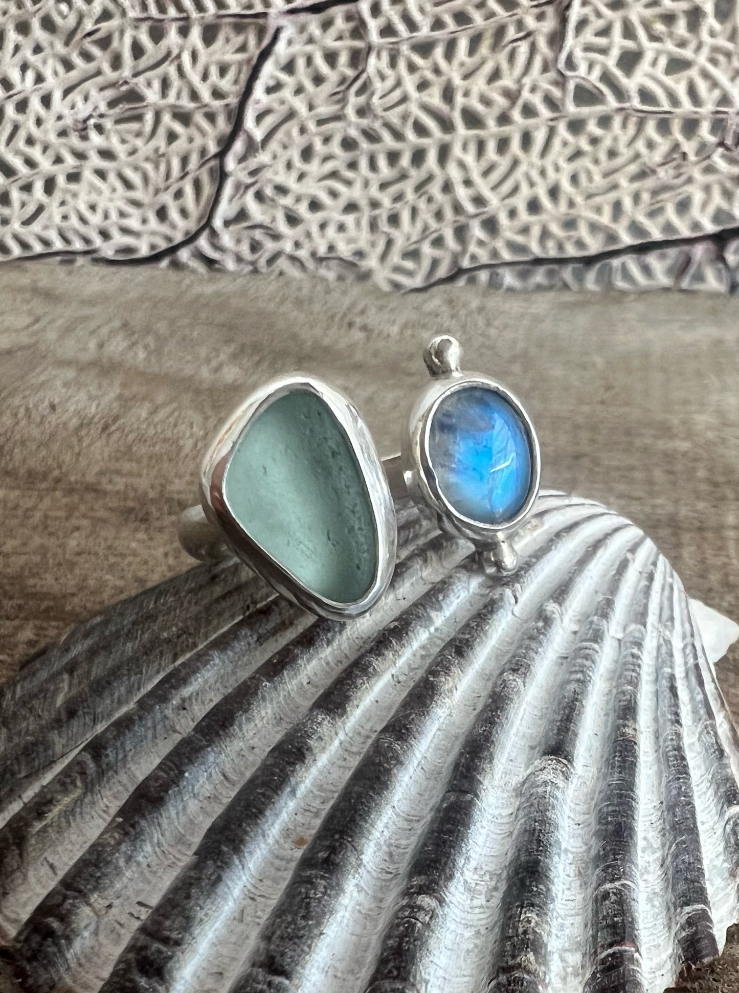 Dyad Ring with Seafoam Seaglass + Moonstone • Size 7-7.5