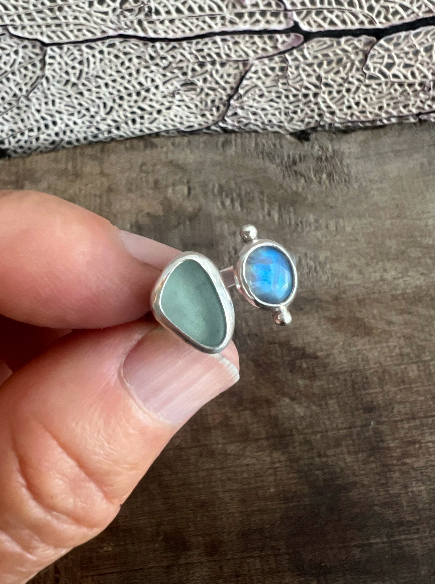 Dyad Ring with Seafoam Seaglass + Moonstone • Size 7-7.5
