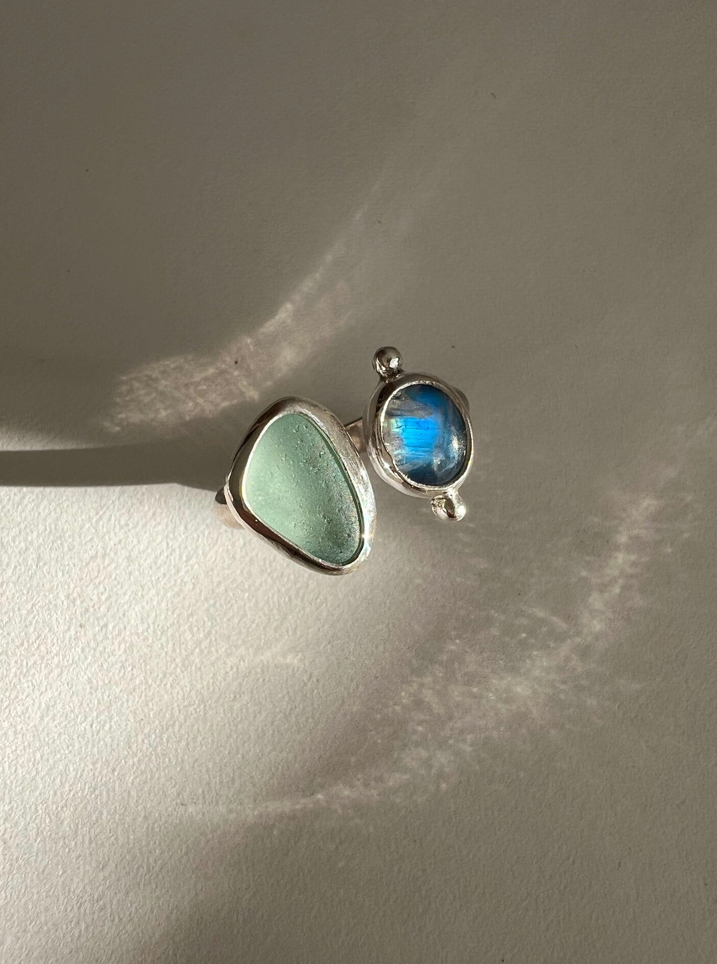 Dyad Ring with Seafoam Seaglass + Moonstone • Size 7-7.5