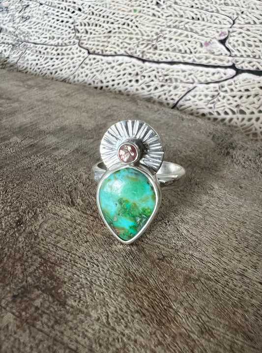 El Faro Ring with Turquoise and Oregon Sunstone • Size 7.5