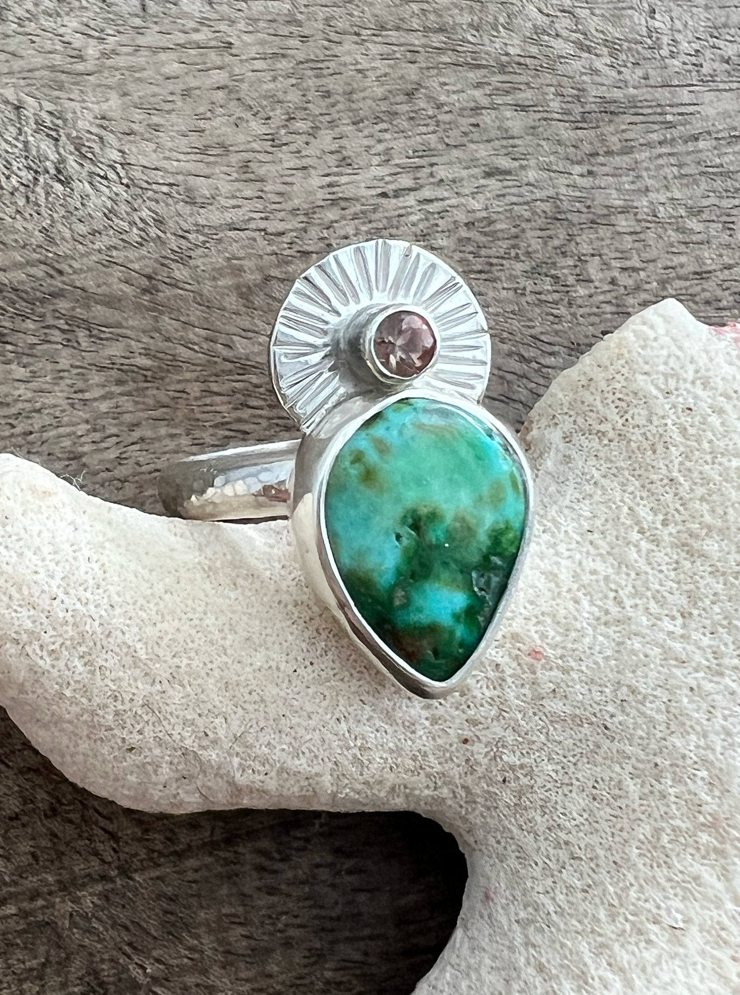 El Faro Ring with Turquoise and Oregon Sunstone • Size 7.5