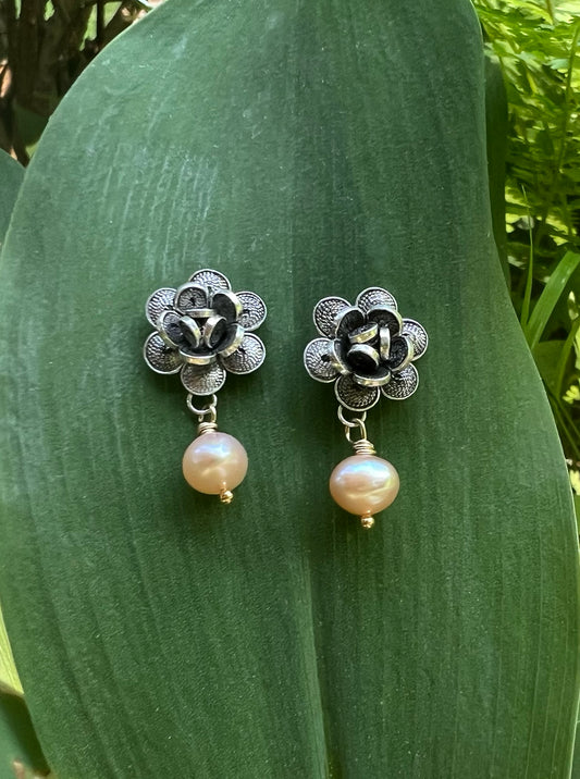 Filigree Flowers with Pearls in Sterling Silver + 14K Gold Fill