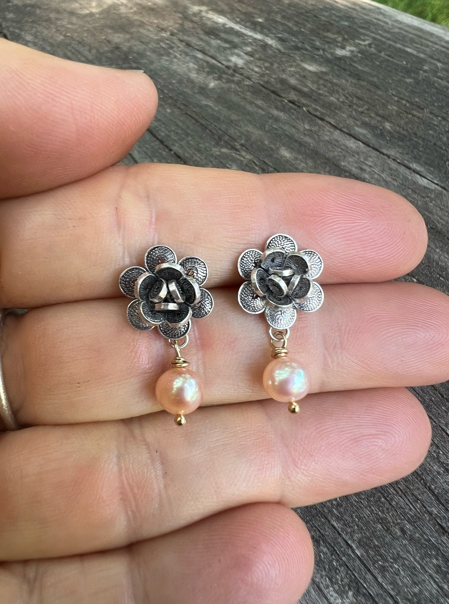 Filigree Flowers with Pearls in Sterling Silver + 14K Gold Fill