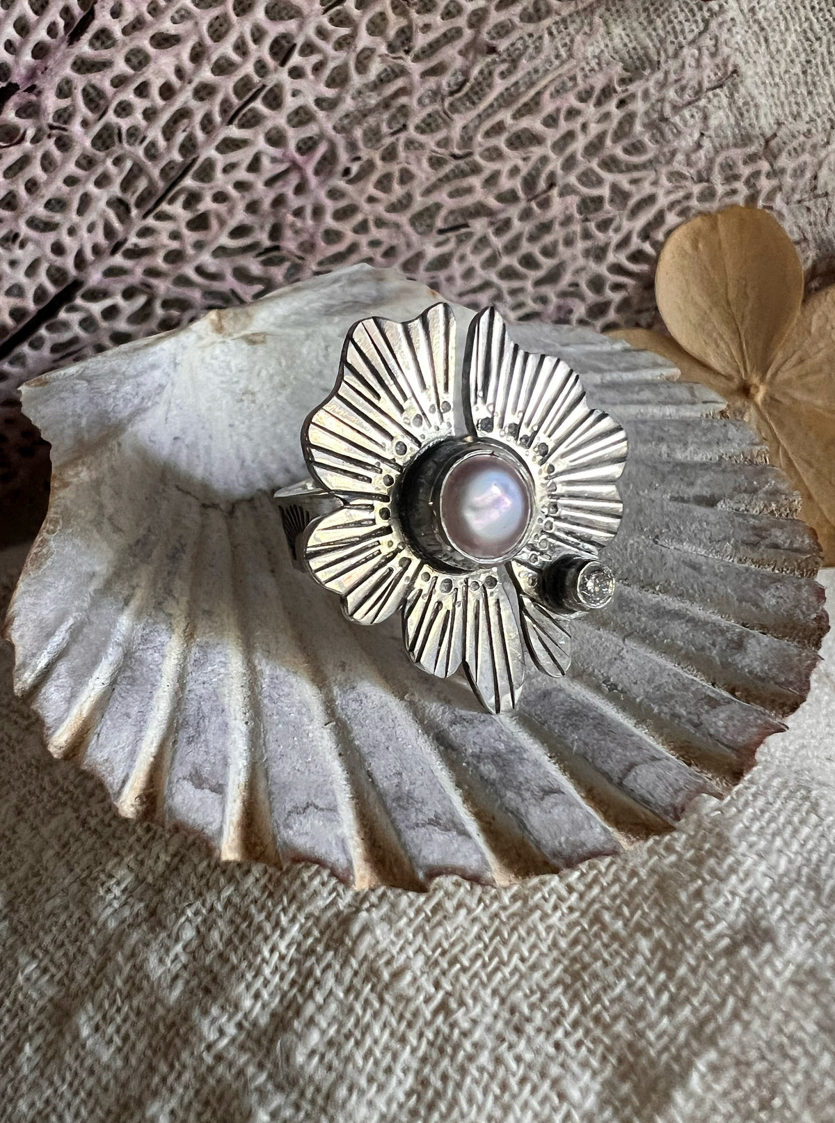 Flor Dyad Ring with Pearl + Moissanite • Size 6 (slightly adjustable)