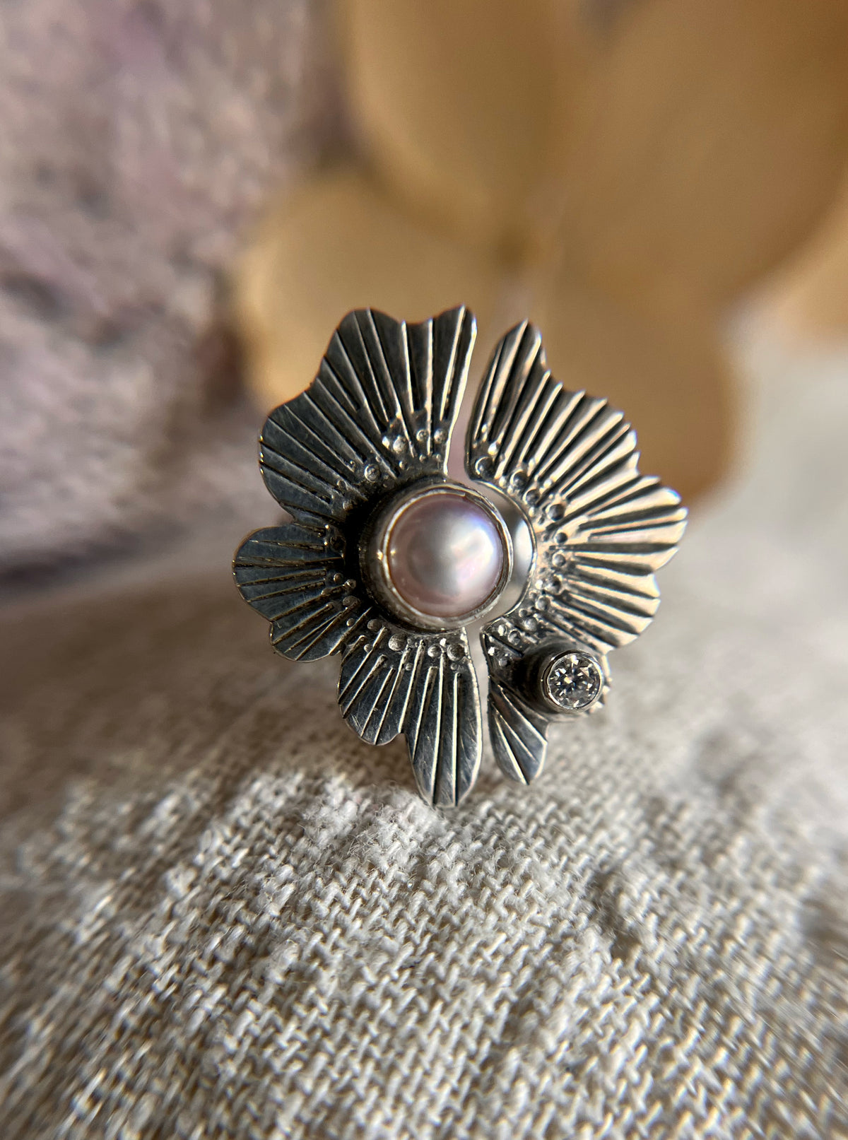 Flor Dyad Ring with Pearl + Moissanite • Size 6 (slightly adjustable)