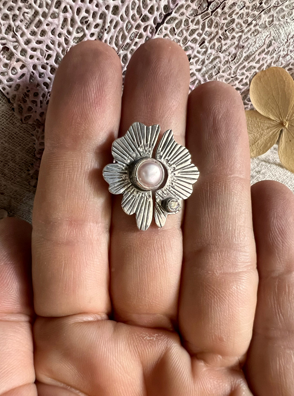 Flor Dyad Ring with Pearl + Moissanite • Size 6 (slightly adjustable)