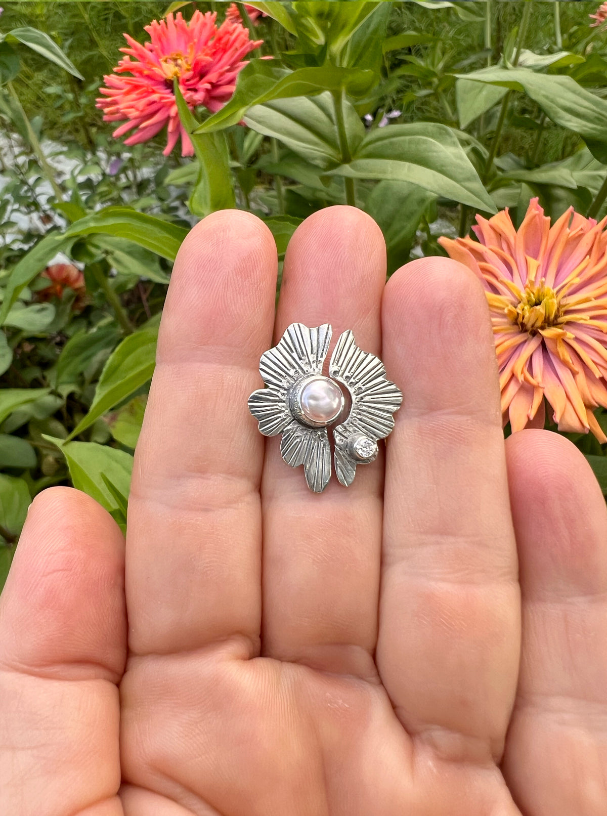Flor Dyad Ring with Pearl + Moissanite • Size 6 (slightly adjustable)