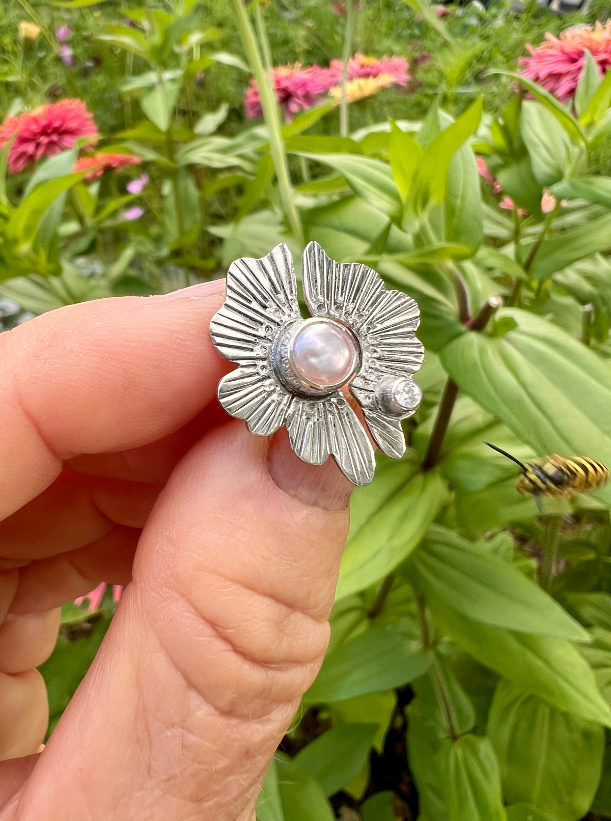 Flor Dyad Ring with Pearl + Moissanite • Size 6 (slightly adjustable)