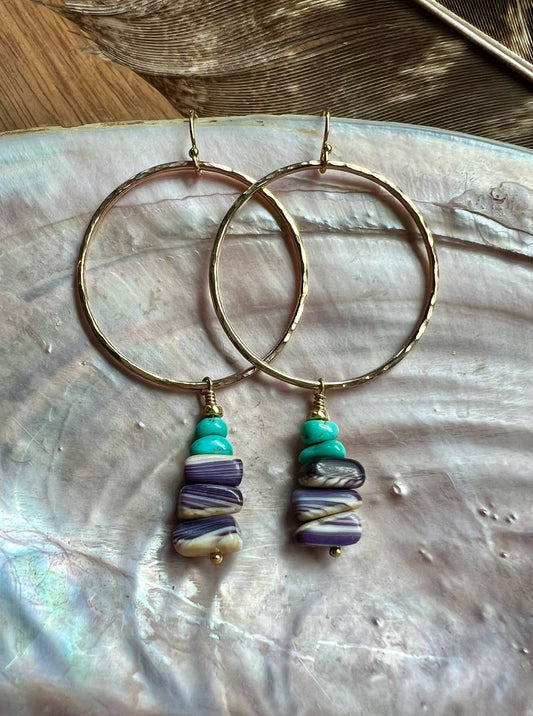 Gold Cairn Hoops with Turquoise + Wampum