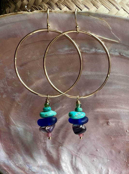 Gold Cairn Hoops with Tourmaline, Turquoise Seaglass + Wampum