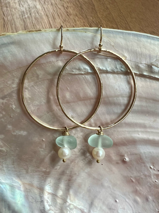 Gold Hoops with Seaglass + Pearls