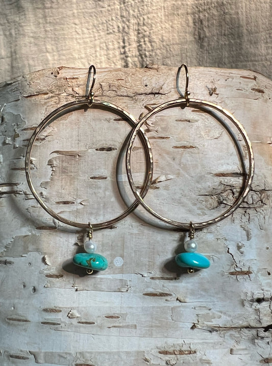 Gold Hoops with Turquoise + Pearls