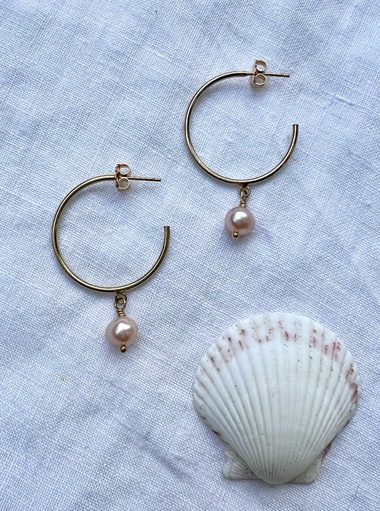 Gold Open Hoops with Pearls