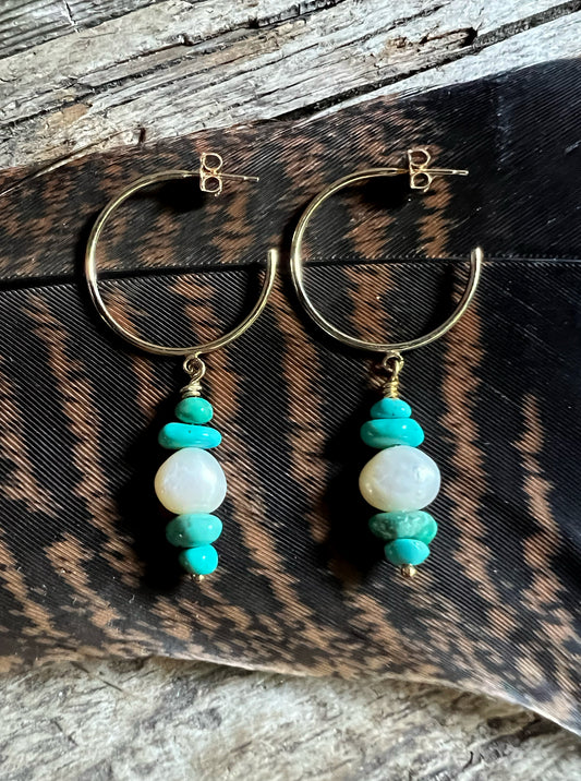 Gold Open Hoops with Turquoise + Pearls No. 1