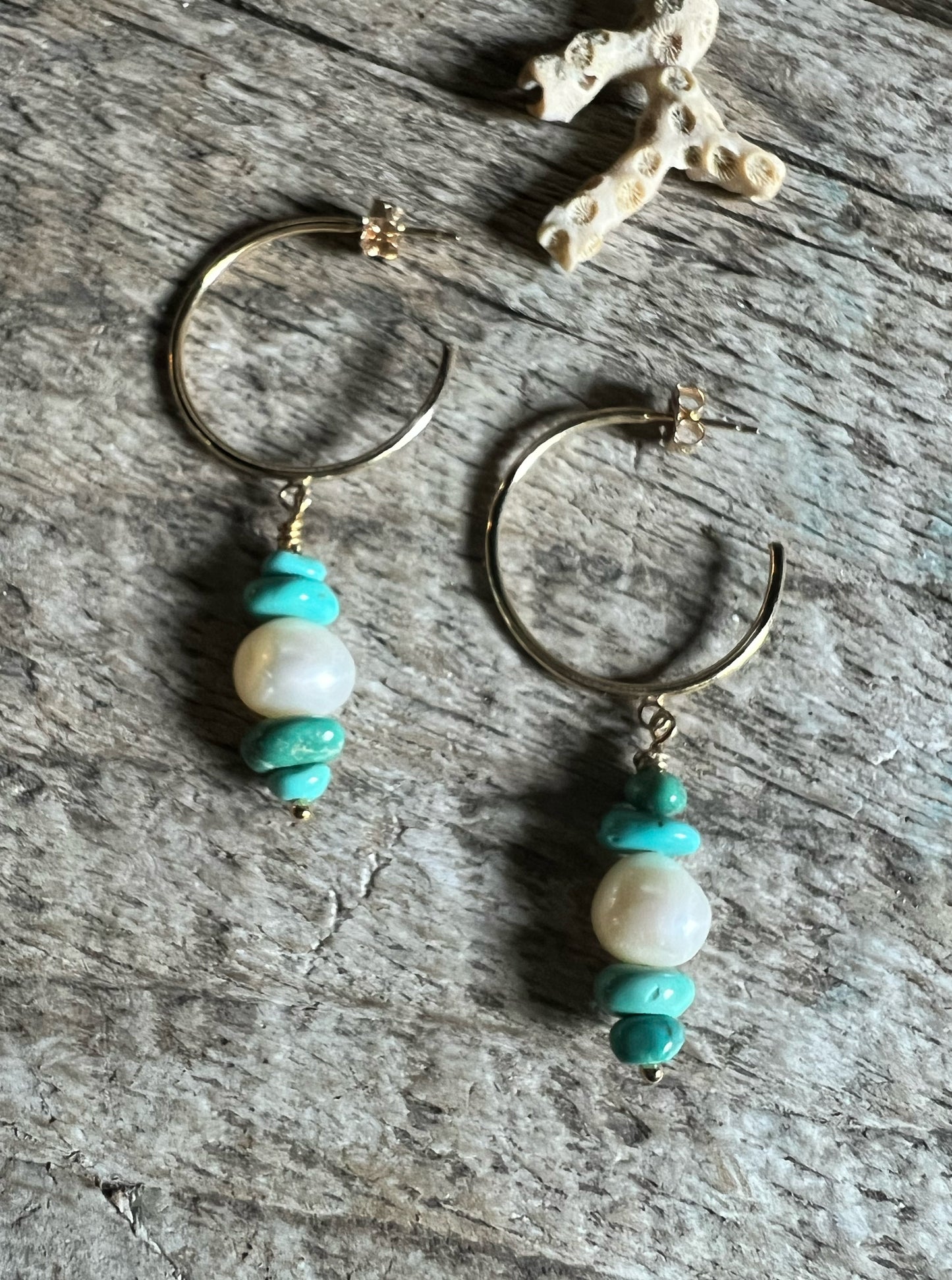 Gold Open Hoops with Turquoise + Pearls No. 1